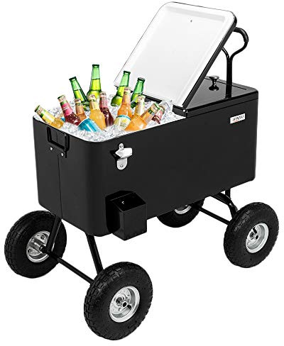 Bonnlo 76L Servierwagen mit Rollen, Getränkekühler – Mobiler Kühlwagen mit Flaschenöffner, Ablauf & Geländerädern, Kühlbox, Ideal für Garten, Terrasse, Camping & Strand, 77 x 38 x 90cm, Schwarz