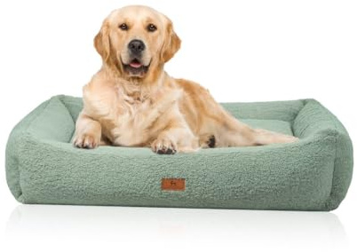 Knuffelwuff orthopädisches Hundebett Matteo M-L 80cm x 65cm Khaki | Teddyfell-Bezug waschbar 30 °C | Memory-Foam-Flocken | gelenkschonend & formstabil | hoher Rand | für kleine bis große Hunde
