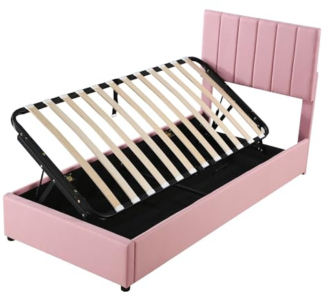 Hmluxury Kinderbett Mit Hydraulischem Stauraum, Leinenstoff, Verstellbarem Kopfteil, 203 X 90 X 93/99/105 cm, 2 Kartons