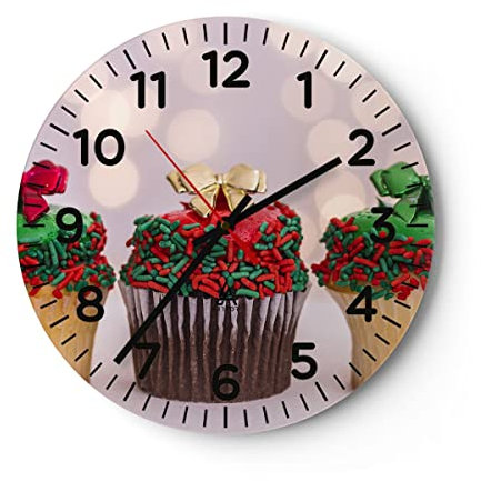 Modern Wanduhr Cupcakes Dessert Kuchen gebacken 30x30cm Rund Klein Wand Uhr Glas Analog Zimmeruhren Küche Büro Wohnzimmer Glasuhr Wall Clock Dekoration Design Wanddekoration Küchenuhr C4AR30x30-2436
