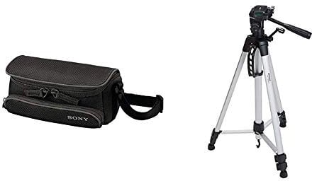 Sony LCSU5 Tasche für Handycam schwarz & Amazon Basics Leichtes Stativ, bis 1,52 m, inkl. Tasche, mit 3-Wege-Schwenkkopf und Wasserwaage
