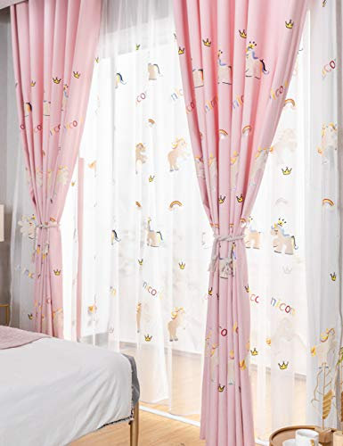 Lactraum Vorhänge Kinderzimmer Mädchen Prinzessin Bestickt Einhorn Regenbogen Wolke Krone Voile Mit Ösen 145 x 245 cm