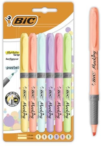 BIC Highlighter Grip Pastellmarker mit abgeschrägter Spitze, mehrfarbig, 1 Stück (6er Pack)