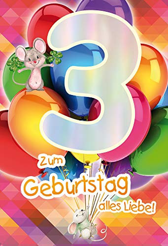KE - Bunte Glückwunschkarte zum 3. Geburtstag für Kinder, DIN B6 Klappkarte, Umschlag inklusive, Motiv: Kindergeburtstag, Geburtstagskarte - Ohne Innentext - Motiv: Luftballons - 3