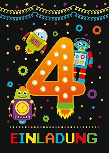 6 Einladungskarten zum 4. Kindergeburtstag vierte Geburtstag Jungen Jungs Robot Roboter