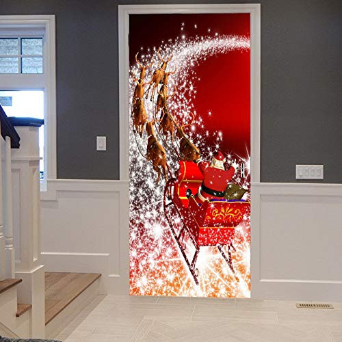 A.Monamour Türtapete Selbstklebend Türfolie Türposter 3D Weihnachts Weihnachtsmann Reitet Das Schlitten Rentier Schlitten Zieht Vinyl Folie Türdeko Tapete Wandbild Türaufkleber Türtattoo 77 x 200 cm