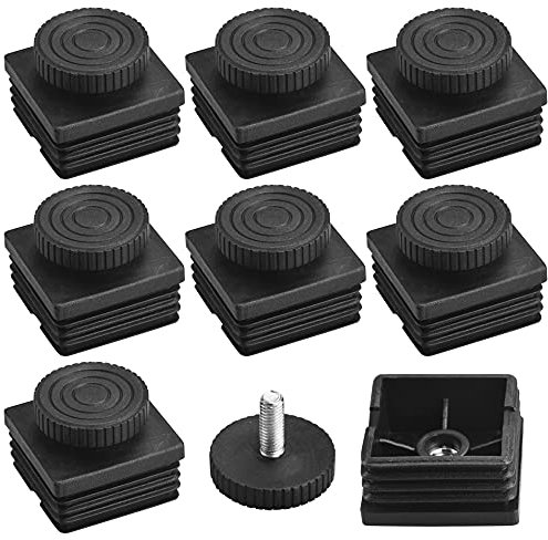 CODIRATO 8 PCS Embout Tube Carré Noir Bouchons d'Obturation Moux en Plastique Connecteur Tube avec 8 M8 Pieds Meuble Reglables 40mm Capuchon pour Poteau Carré pour Meuble Chaise (50 * 50 * 24mm)