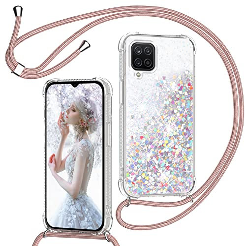 Handyband für Samsung Galaxy A12 4G/M12 Hülle mit Band, Glitzer Treibsand Handyhülle mit Kordel zum Umhängen Transparent Stoßfest Schutzhülle mit Kette Schnur, Quicksand Necklace Case in Roségold