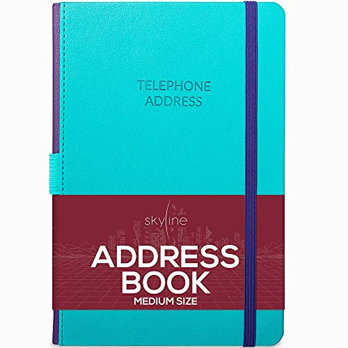 Skyline Adressbuch - Telefonkontaktbuch mit Passwortprotokoll & wichtigen Daten Kalender - Telefonnummernbuch für Damen & Herren - A5 Größe, 21,6 x 15,8 cm, Hardcover (Türkis)