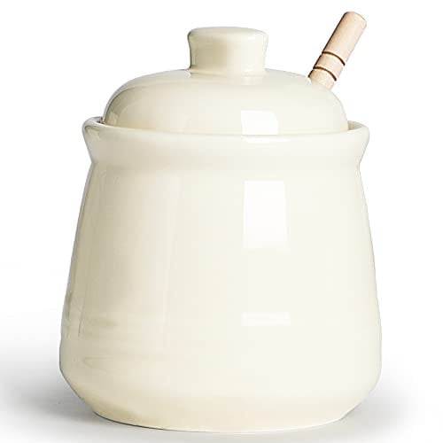 LEETOYI Honigglas aus Porzellan mit Deckel und Honiglöffel, Keramik-Honigtopf, 340 ml, Beige