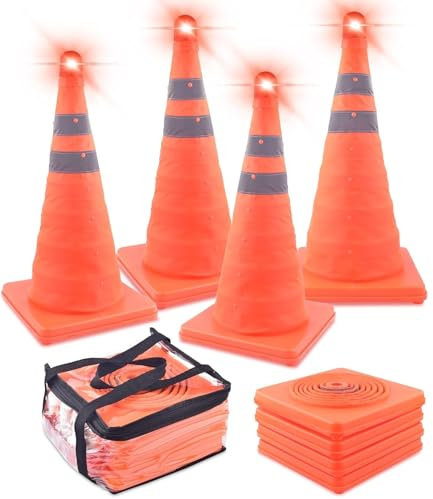 ERKOON Faltbare Leitkegel mit Tasche, 4 Stück, 45,7 cm, Sicherheitskegel mit 4 LED-Sicherheitsparkkegeln, Fahrkonstruktionskegel, fluoreszierend, Orange, Pop-Up-Sicherheitskegel