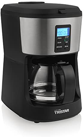 Princess Tristar 2-in-1 Kaffeemaschine 6 Tassen, Integrierte Kaffeemühle, Timer, 0,75 L Glaskanne, Warmhaltefunktion, LED-Display, 650 Watt, BPA-Frei, CM-1280 Schwarz