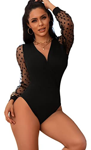 comeondear Women's Bodysuits Elegant Lace Black Bodysuit V-Neck Mesh Off Shoulder Polka Dot Long Sleeve Leotard Ladies Going Out Tops Body suit Jumpsuit Clubwear Tops UK 10-12