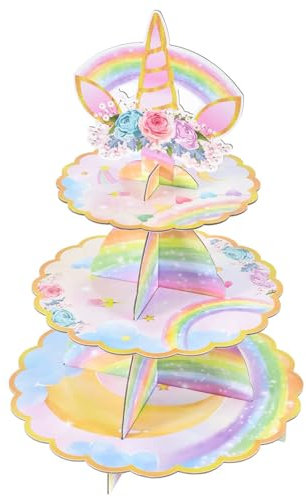 WERNNSAI Unicorn Cupcake Stand - Unicorn Birthday Party Decorations for Girls Kids 3-Tier Cardboard Dessert Tower Holder Round Serving Tray Stand Horn Theme Baby Shower Supplies