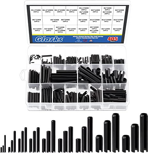 Glarks 405 Stück 27 Größen Rollstift-Sortiment Set, M1,5 M2 M2,5 M3 M4 M5 M6 M8 M10 Schlitz-Federstifte Split Spring Dowel Hardware Sortiment Kit für Heimwerker Automobilreparatur