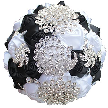 LiFBeauTiFuL Crystal Wedding Bouquet Green White Silk Rose Bouquet Glitter Wedding Flowers Bridal Bouquets Bridesmaid Bouquet (Color : 18CM black white)