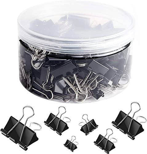 SANNIX 100 Pièces Pinces à documents 15-51mm Pinces à Double Clip Noir Boîte de Pinces à Papier Multi-fonctions Binder Clips Fournitures de Bureau pour Notes,Papier à Lettre, Maison, école