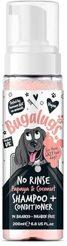 Bugalugs No Rinse Papaya & Coconut Dog Shampoo - Luxury 2 in 1 dog Dry shampoo & conditioner - odour eliminator natural shampoo with dog perfume quick shower for pets