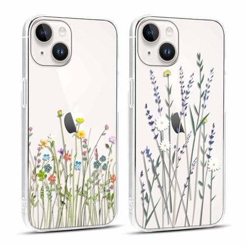 Yoedge 2 Stück Handyhülle für iPhone 14 / iPhone 13 Hülle, Transparent Blumen Muster Mädchen Aesthetic Flowers Handyhülle Weich Durchsichtig Schlanke Silikon Stoßfest Schutzhülle für iPhone 13 6,1