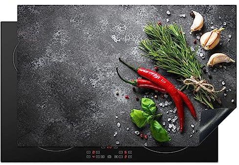 KitchenYeah© Copri Piano Cottura 80x52 cm Coprifornelli Tappetino per Induzione Fornello Tutto per la Cucina Pepe - Erbe - Spezie - Calcestruzzo