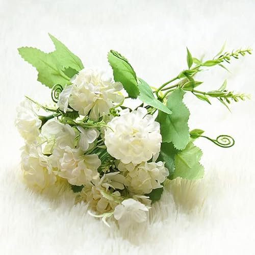KEOU 9 Têtes Hortensia Fleurs Artificielles Boule Faux Bouquet Fleurs Soie DIY Décor À La Maison Faux Fleurs Décoration De Table De Mariage Bouquet-Blanc