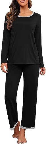 PrinStory Schlafanzüge Für Damen Lange Ärmel Nachtwäsche Weiche Rundhals Pyjama Set (Schwarz, L)