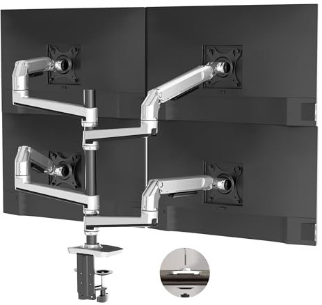 Ergounion Quad Monitor Mount, Holds Screens up to 40 Inches and 25 lbs, Fully Adjustable 4 Monitor Mount with C-Clamp and Grommet Base, Aluminum, Silver