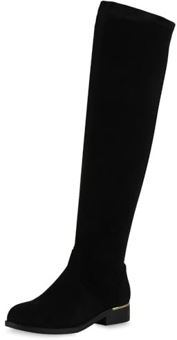 VAN HILL Gefütterte Damen Overknees Metallic Winter Stiefel Leder-Optik 611529 Schwarz 36