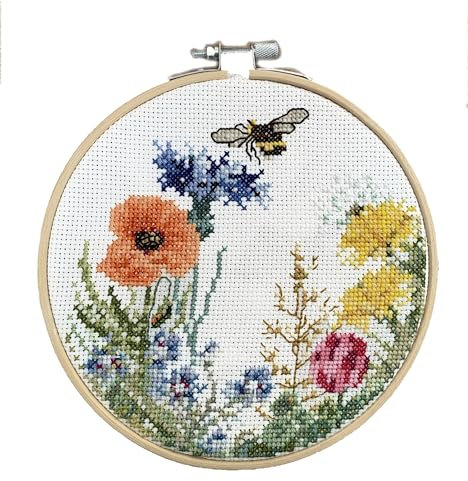 DUTCH STITCH BROTHERS Kreuzstich-Set mit Wildblumen-Zählmuster, 15,2 cm, inklusive Kreolen und Muster – Kreuzstich-Sets für Erwachsene und Anfänger