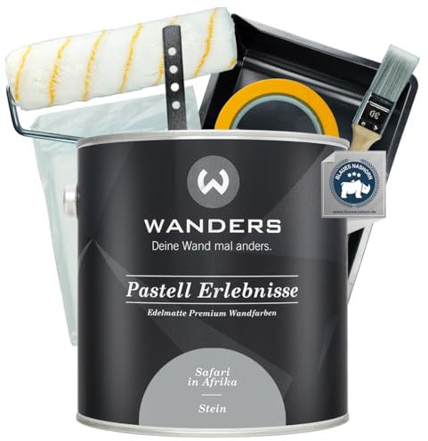 Wanders Pastell Erlebnisse Wandfarbe 2,5L (Stein, Grau) inkl. Streichset Basic – Premium Kreidefarbe, Leichte Anwendung, Hochdeckend, Ultramatt, Perfekt für Heim-DIY
