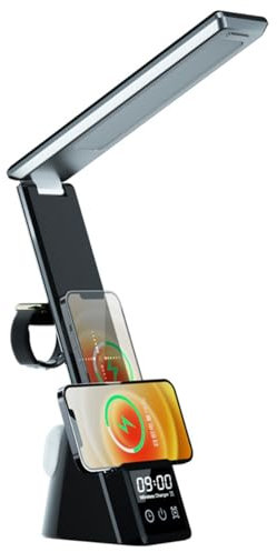 Garosa LED-Schreibtischlampe mit Kabellosem Ladegerät, Touch-Dimm-Tischlampe, Überspannungsschutz, Uhr und Wecker, Ideal Zum Lesen, Basteln, Arbeiten Am Computer (BLACK)