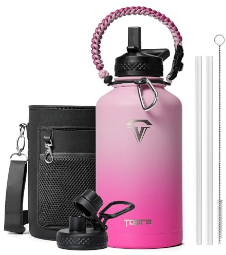 Topre Half Gallon Water Bottle,64oz Insulated Water Bottle Stainless Steel Vacuum,Cold for 48 Hrs,BPA-Free & Leakproof -with Paracord Handle,Strap,Straw Spout Lids,Big Flask Jug for Gym Sports,Pink