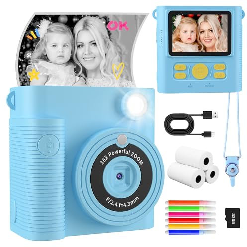 CKATE Kids Camera Instant Print, 1080P HD Instant Print Camera with 2 Shutters, Print Photo Paper & 32G SD Card, Birthday Chirstmas Gifts Toys for Boys 3-12 Years Old - Sky Blue