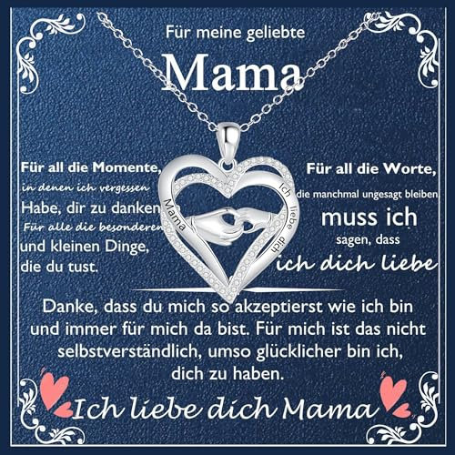 Muttertagsgeschenk Mama Geschenk Kette - 925 silber Herz Anhänger mit Gravur Mama Ich liebe dich Halskette für Muttertag Weihnachtsgeschenke für mama