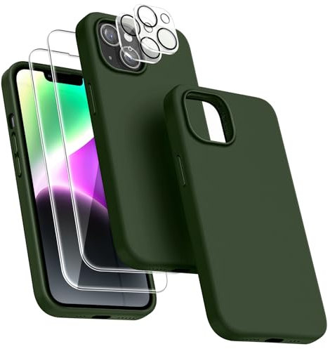 Dssairo [5-in-1 für iPhone 14 Hülle, mit 2 Displayschutzfolien + 2 Stück Kameraobjektivschutz, Flüssigsilikon, ultradünn, stoßfest, Schutzhülle [Mikrofaserfutter] 6.1(Dunkelgrün)