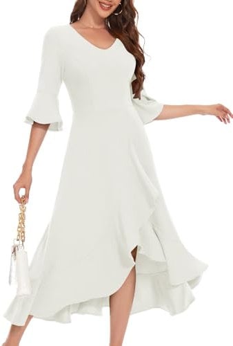 Womens Wedding Guest Dresses for Formal Cocktail Evening Party Prom with Long Bell Sleeve Split Maxi Flowy Vintage Dress White S