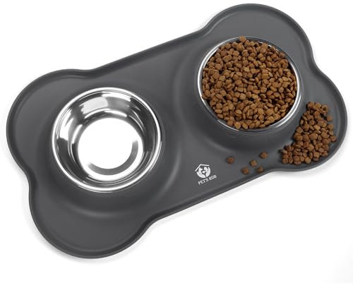PET'S HUB Pet Feeding Bowl Set, Double Bowls with Silicone Mat Tray for Cats, Puppies, and Small Dogs. (Grey, Small)