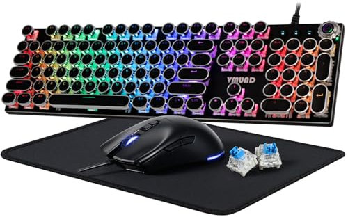 Typewriter Gaming Mechanical Keyboard and Mouse Combination, Rainbow RGB Backlit Wired Keyboard with Blue Switches, Round Keycaps, Media Control Knob for