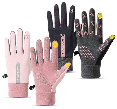 Dünne Winter-Thermo-Handschuhe, wasserdicht, Finger-Touchscreen, rutschfest, kältebeständig, winddicht, warm, Winter-Laufhandschuhe für Damen, Outdoor-Sport, Radfahren, Fahren, Wandern, Rosa, Grau, 2