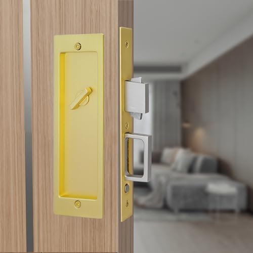 Sliding Door Lock,Privacy Pocket Door Lock and Pull, Recessed Pocket Door Mortise Lock, Pocket Door Edge Pull with Push Automatic Bounce Switch(Matte Gold)