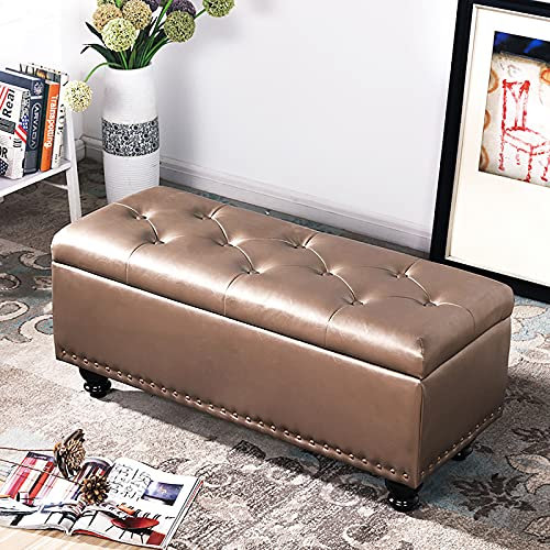 LYNEFOIN Kunstleder-Stauraum-Ottomane-Bank, Pu-Leder-Bett-Bank mit Stauraum, Moderne Home Schlafzimmer Wohnzimmer Fußhocker Multifunktionsbänke-Champagner-Gold 60x40x45cm (24x16x1