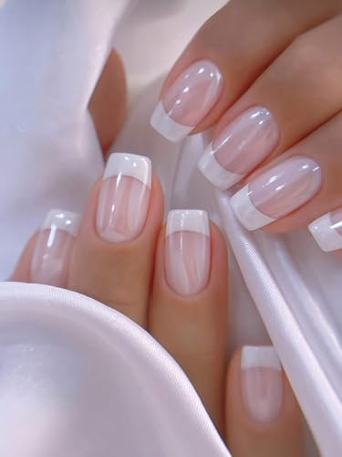 GlamRays Press On Nails Medium Square Set Simple White French Tip Style Glitter Fake Nails Cute Pink Fake Nails for Women and Girls 24 Pieces