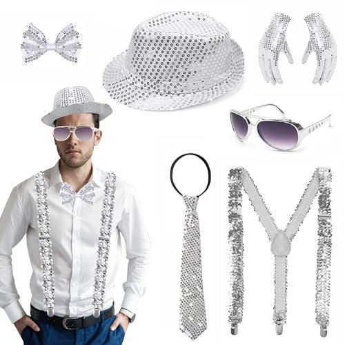 GYHWOFUL Glitzer Outfit Herren Damen, Glitzer Accessoires - Glitzer Fliege, Krawatte, Glitzer Hut, Handschuh, Hosenträger, Sonnenbrille, 80 Jahre Kostüm für Karneval Silvester Disco Pailletten Outfit