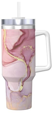 DEXNEL Ice Bully Tasse de voyage en marbre violet et doré de 1 200 ml avec poignée et paille pliable