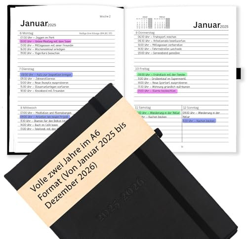 DIN A6 Terminplaner Jan 2025 – Dez 2026 2-Jahres-Kalender auf Deutsch, Terminkalender Wochen-Planer, Agenda & Organizer, Wochenkalender Buchkalender mit Kunstleder-Hardcover & 120 g/m² Papier