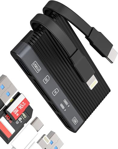 Lettore Schede USB C Lightning a SD USB 3.0 2.0 Adattatore (6en2) per iPhone16 15 14 13 Pro Max Tipo C Cavo Caricatore Micro SD TF Card Reader per Apple per iPad Compatibile con Samsung Fotocamera