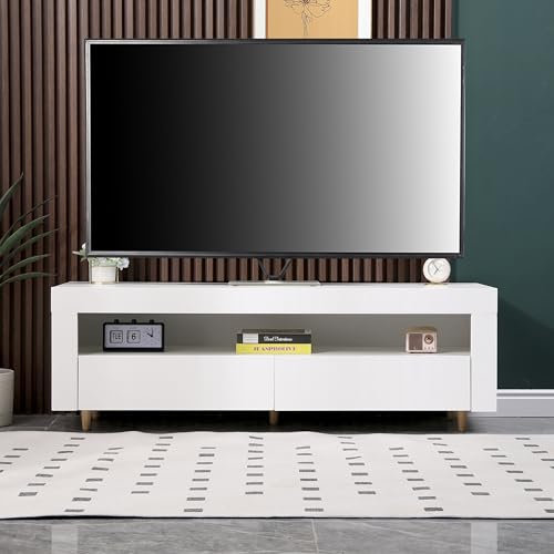 White TV Stand Cabinet, 140cm, with Lights, Soundbar Shelf, Storage Cupboards for 42, 50 55 TV's, Modern Living Room Furniture (55 TV Size - 140cm)