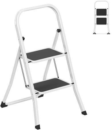 YRHome Trittleiter 2 Stufen mit Handlauf Tritthocker Klapptrittleiter Haushaltsleiter Stehleiter – Stabil, Extrabreite Tritte, Einfach Klappbar, Max. 150kg für Haushalt & Büro (Schwarz/Weiß)