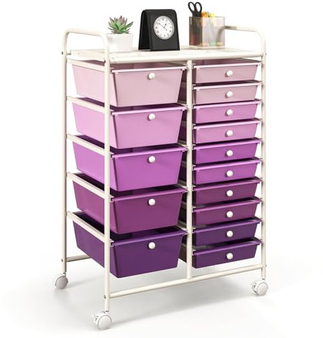 GIANTEX Carro de Almacenamiento con 15 Cajones Plásticos, Estantería con 4 Ruedas 360°, 2 Bloqueables, 63 x 37 x 87 cm, Carrito Auxiliar para Salón, Cocina, Baño (Morado)