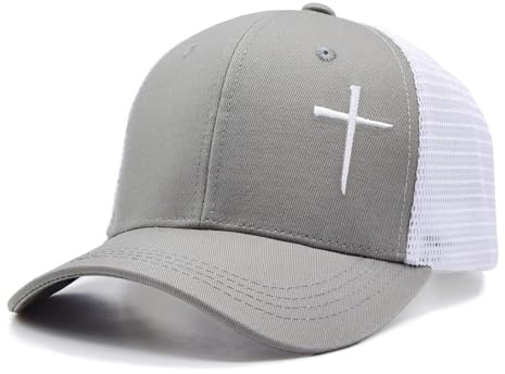 WALNOVA Christliche Trucker-Kappe für Männer und Frauen, Jesus Kreuz, Glaube, Baseballkappe, christliches, religiöses Geschenk, grau / weiß, Einheitsgröße